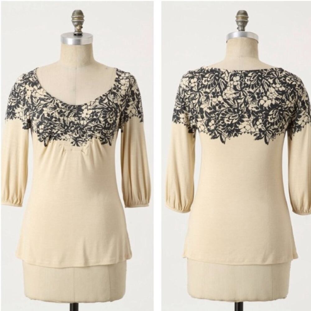 Deletta‎ Anthropologie Ascending Roses Top Cream Grey Motif Women's Small